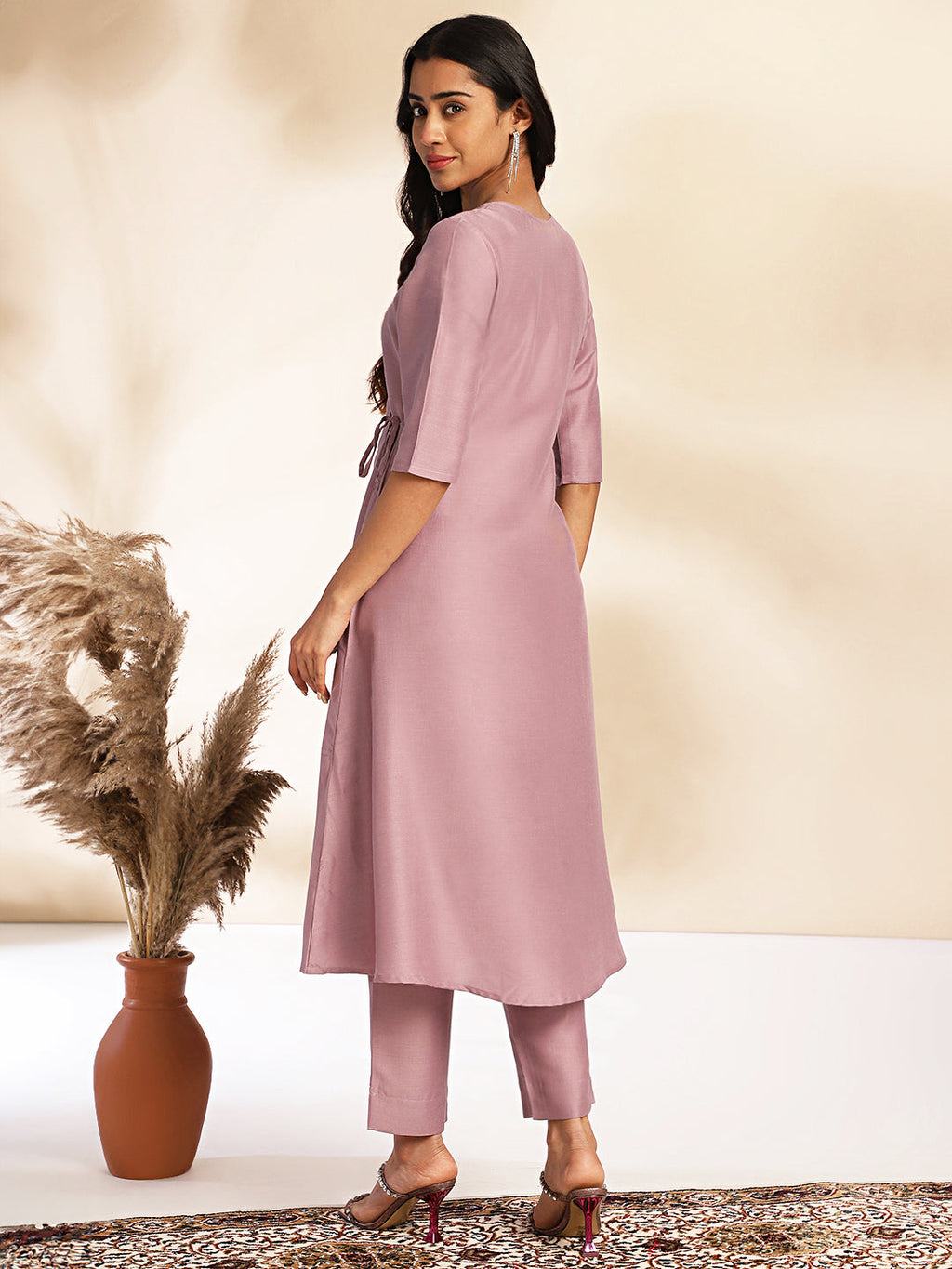 Janasya Lavender Chinnon Solid Wrap Kurta Set - Distacart