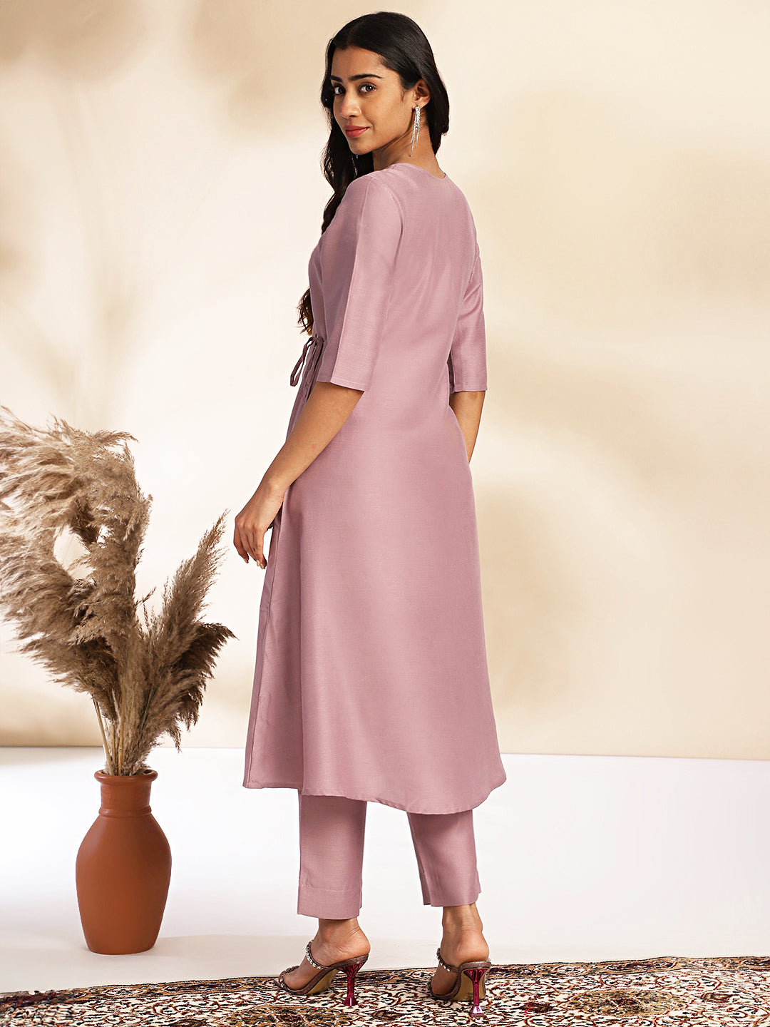 Janasya Lavender Chinnon Solid Wrap Kurta Set - Distacart