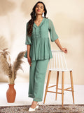 Janasya Sage Dobby Chiffon Woven Design Peplum Top & Bottom Set - Distacart
