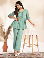 Janasya Sage Dobby Chiffon Woven Design Peplum Top & Bottom Set - Distacart