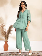 Janasya Sage Dobby Chiffon Woven Design Peplum Top & Bottom Set - Distacart