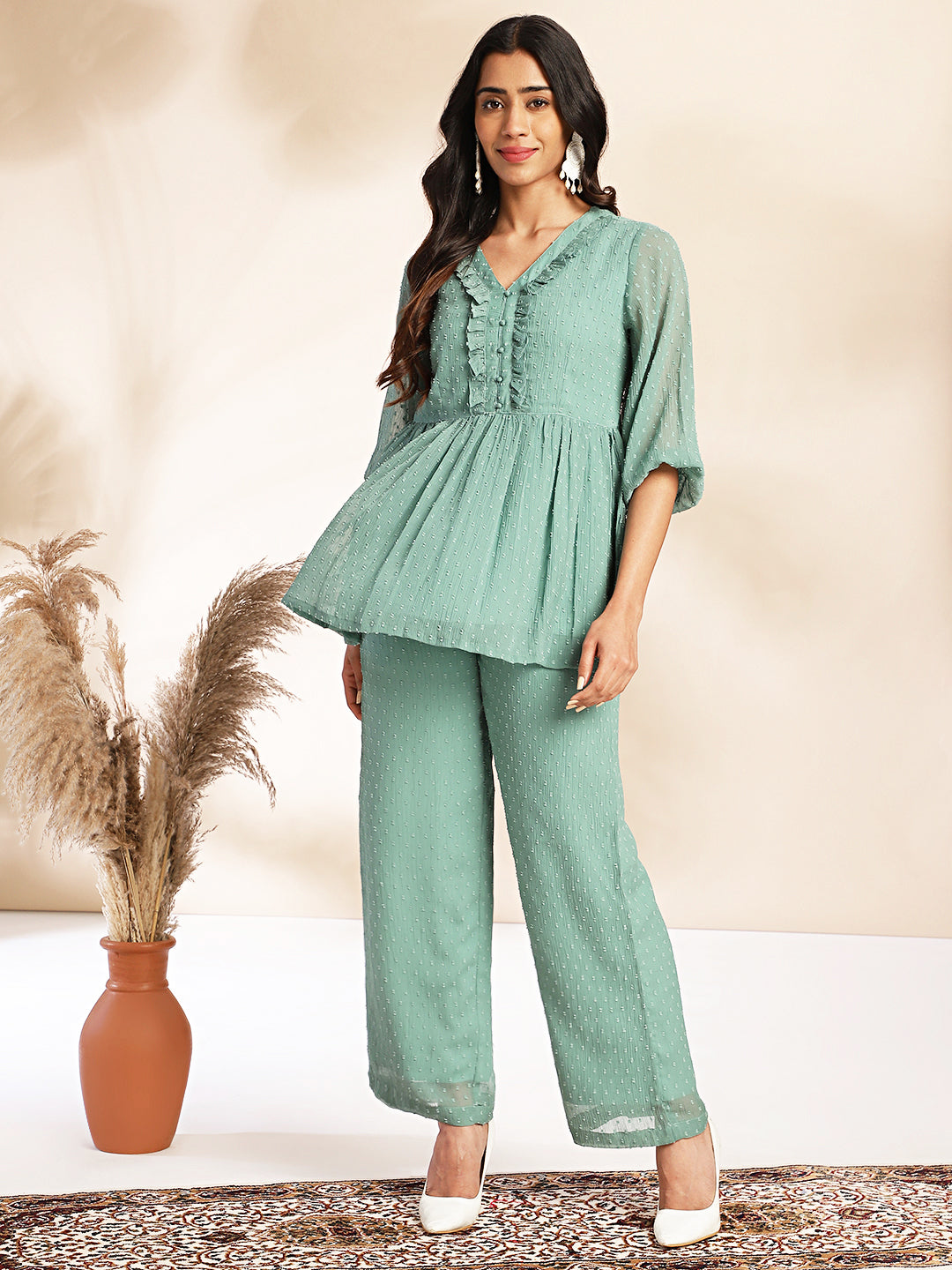 Janasya Sage Dobby Chiffon Woven Design Peplum Top & Bottom Set - Distacart