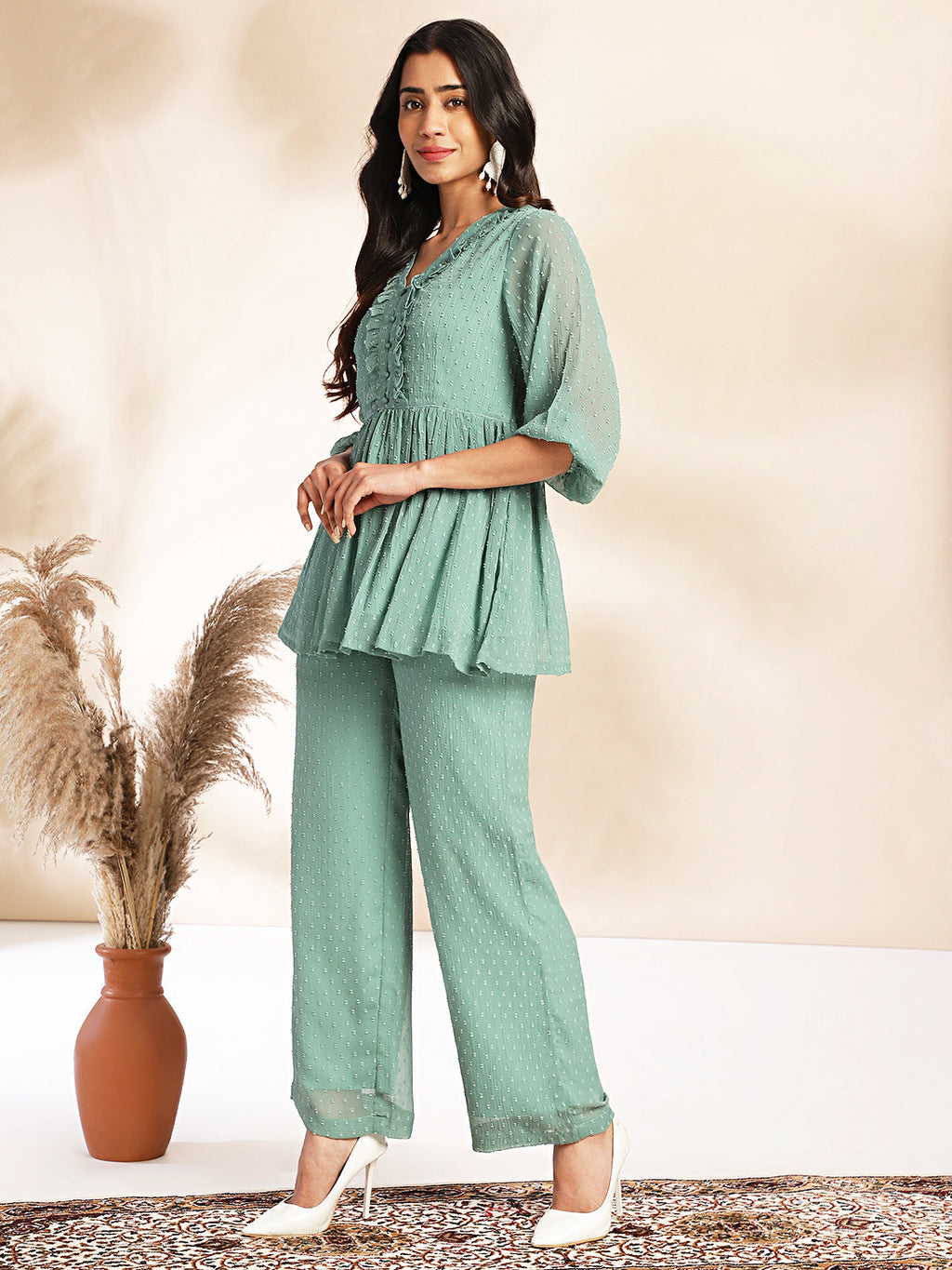 Janasya Sage Dobby Chiffon Woven Design Peplum Top & Bottom Set - Distacart