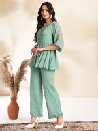 Janasya Sage Dobby Chiffon Woven Design Peplum Top & Bottom Set - Distacart