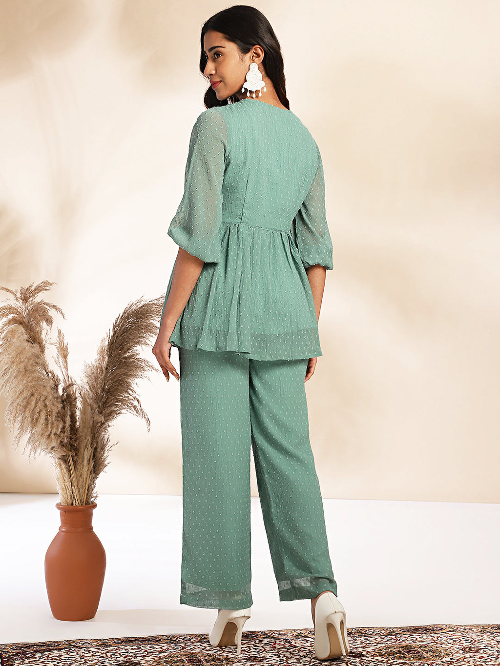 Janasya Sage Dobby Chiffon Woven Design Peplum Top & Bottom Set - Distacart