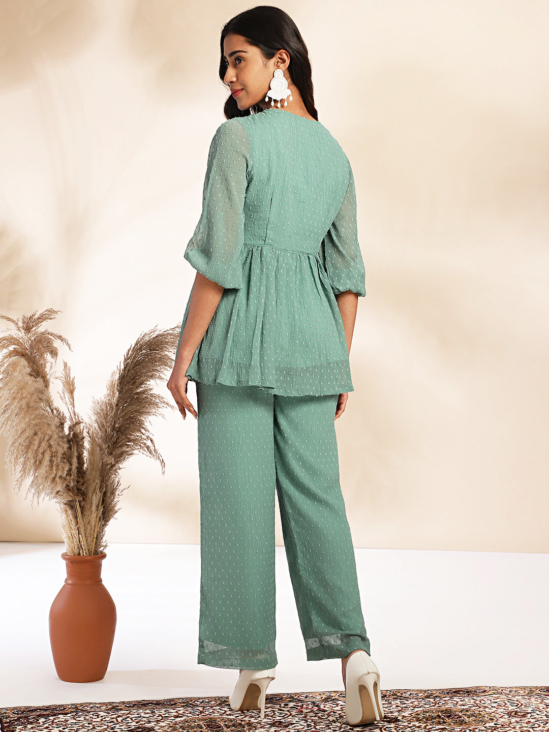 Janasya Sage Dobby Chiffon Woven Design Peplum Top & Bottom Set - Distacart