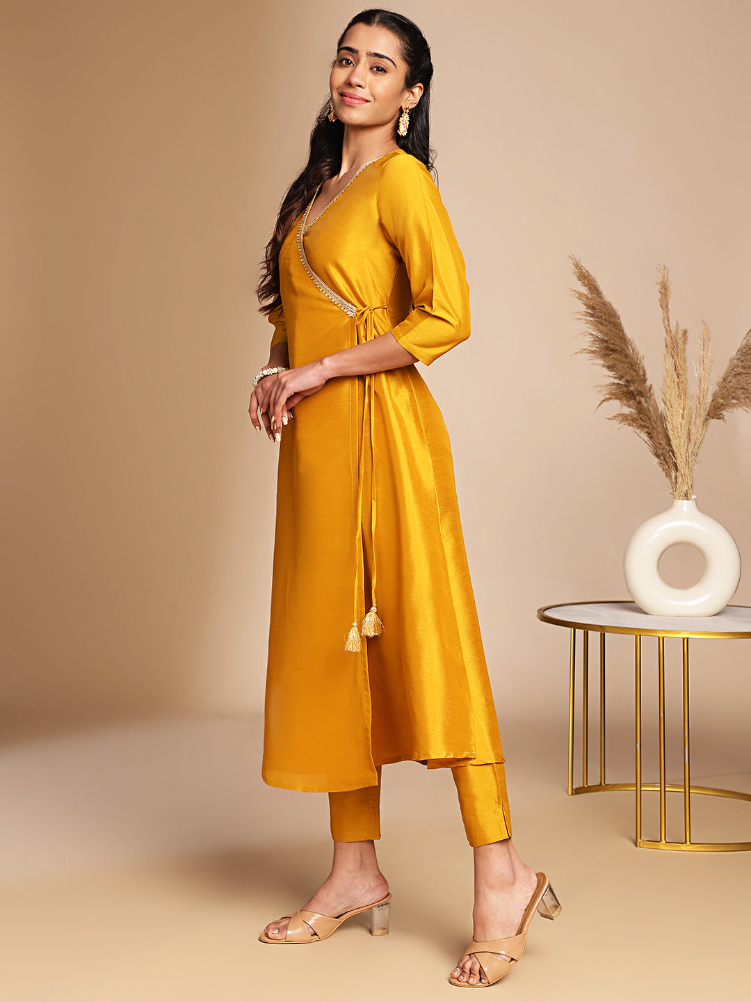 Janasya Mustard Crepe Silk Solid Wrap Kurta Set - Distacart