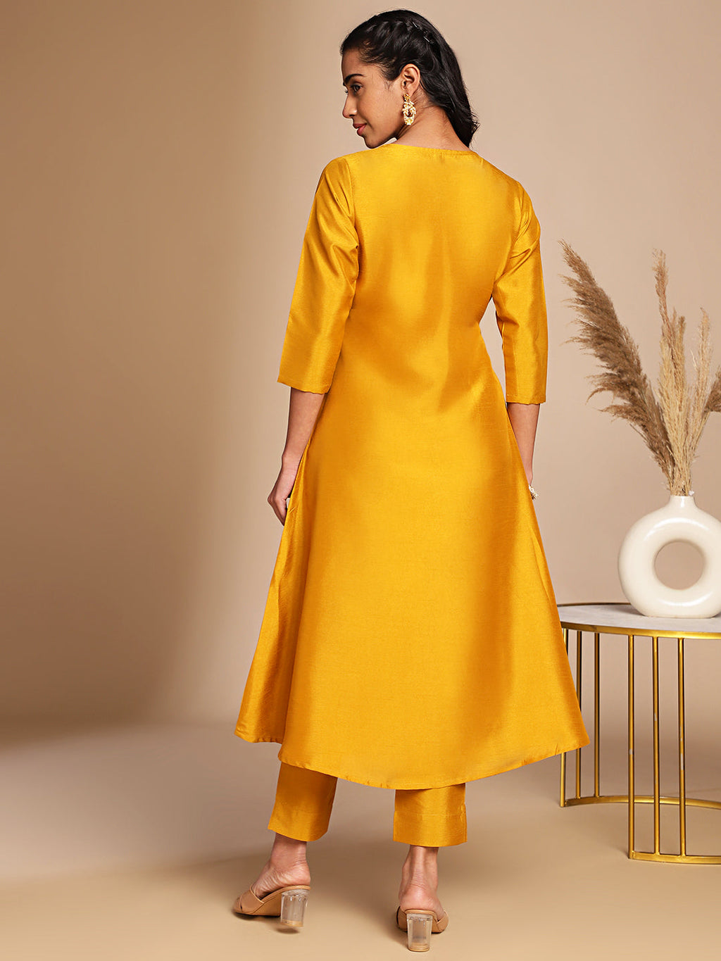 Janasya Mustard Crepe Silk Solid Wrap Kurta Set - Distacart