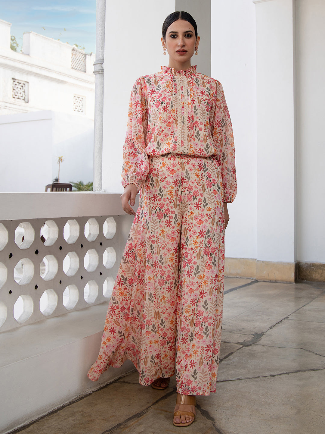 Janasya Beige Georgette Floral Regular Top & Bottom Set - Distacart