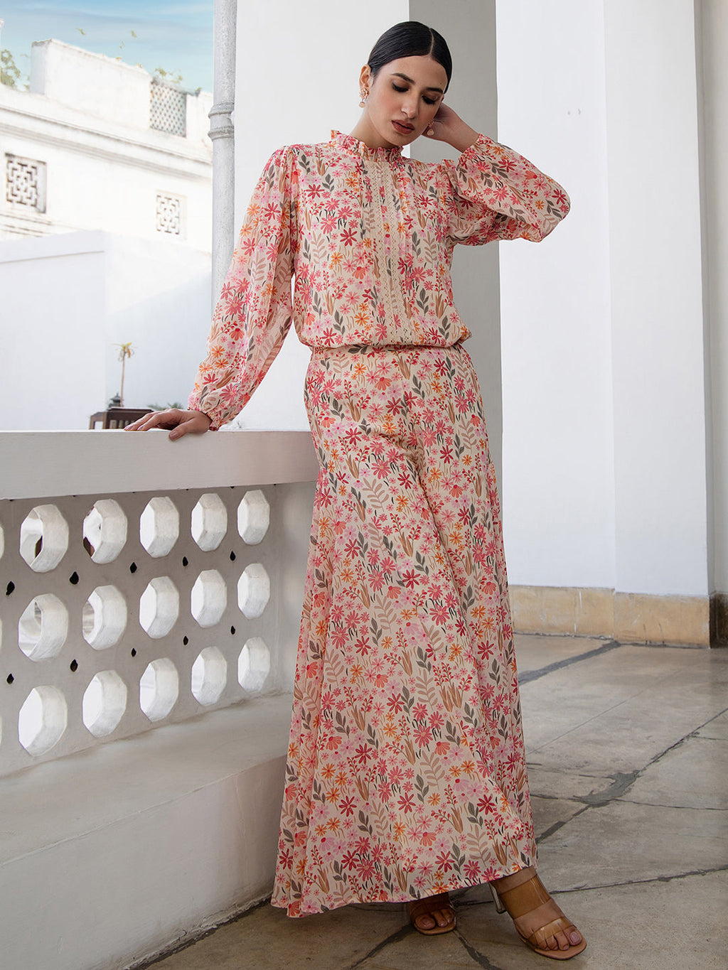 Janasya Beige Georgette Floral Regular Top & Bottom Set - Distacart