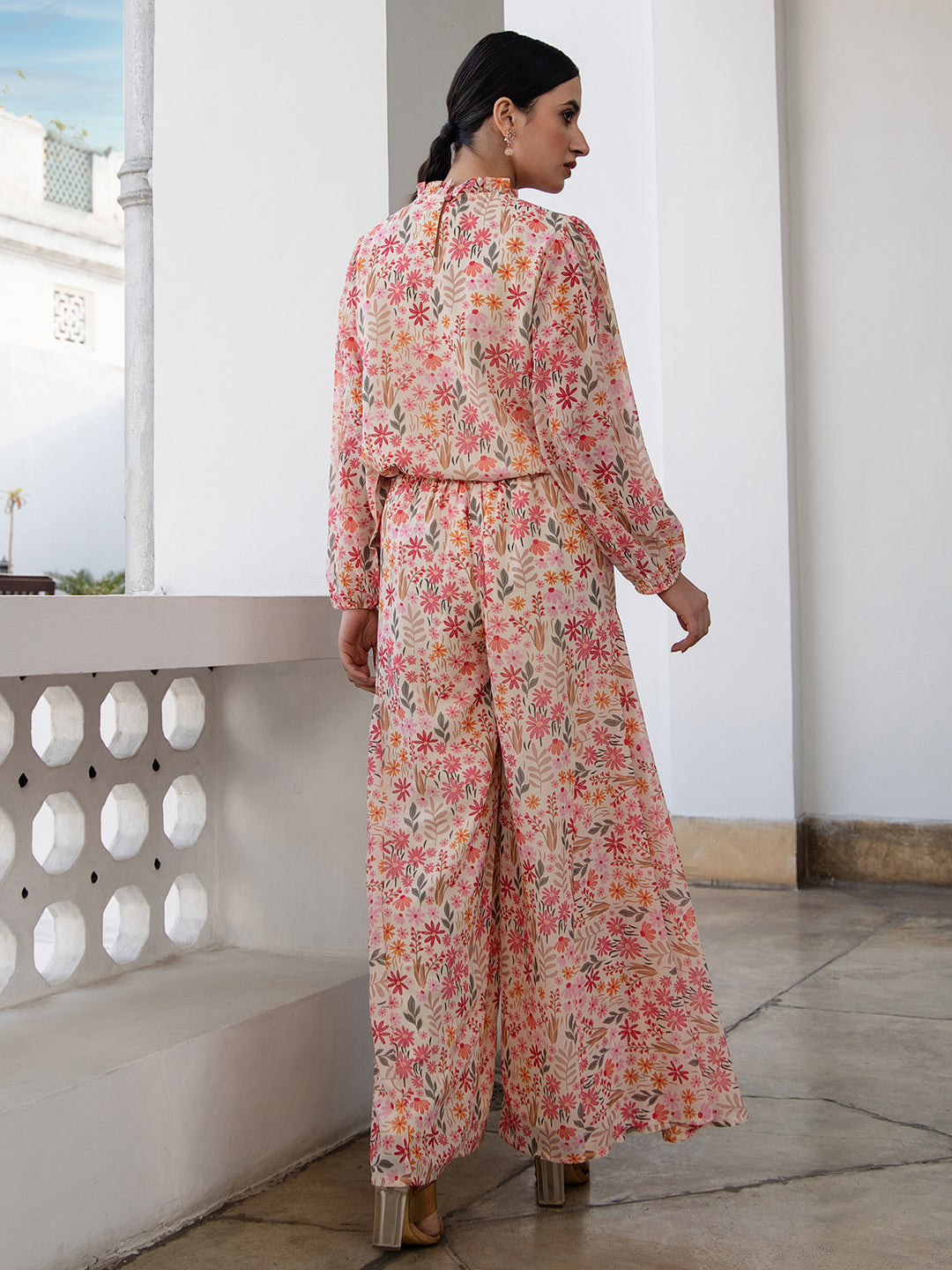 Janasya Beige Georgette Floral Regular Top & Bottom Set - Distacart