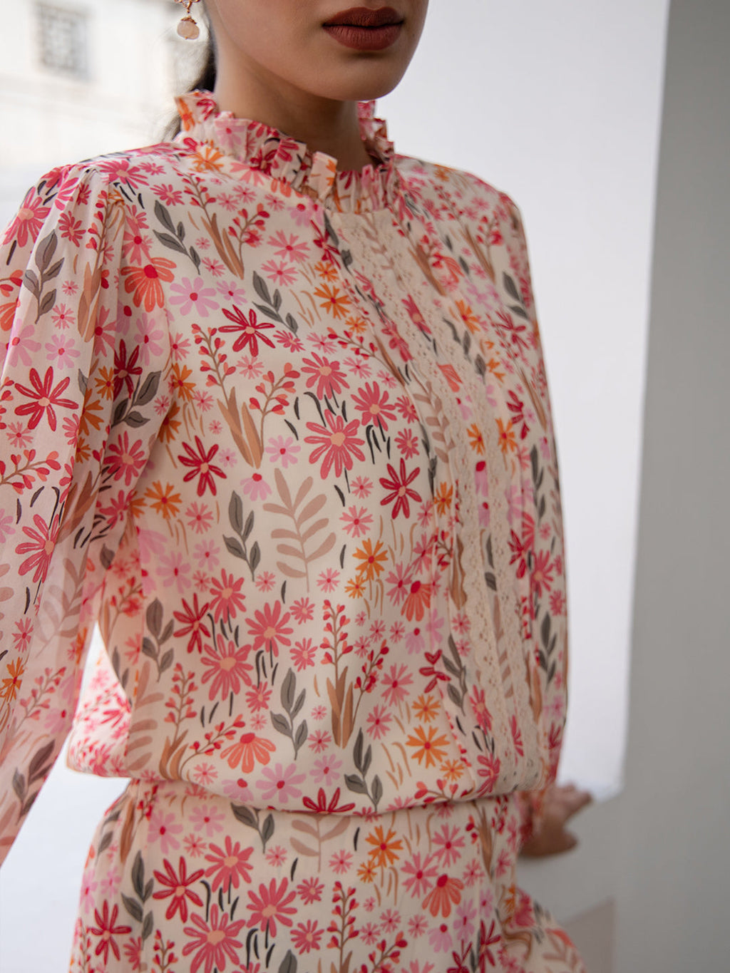 Janasya Beige Georgette Floral Regular Top & Bottom Set - Distacart