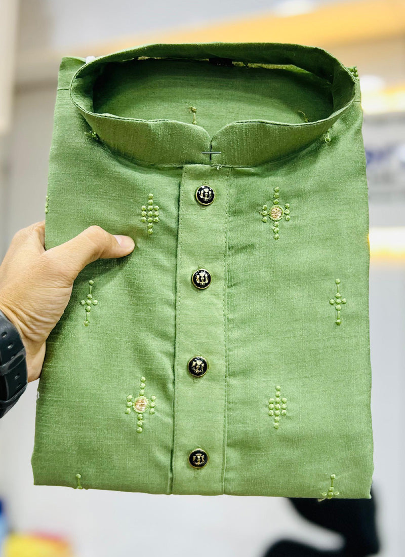 Prazu Fashion Light Green Silk Embroidered Kurta With Pajama - Distacart