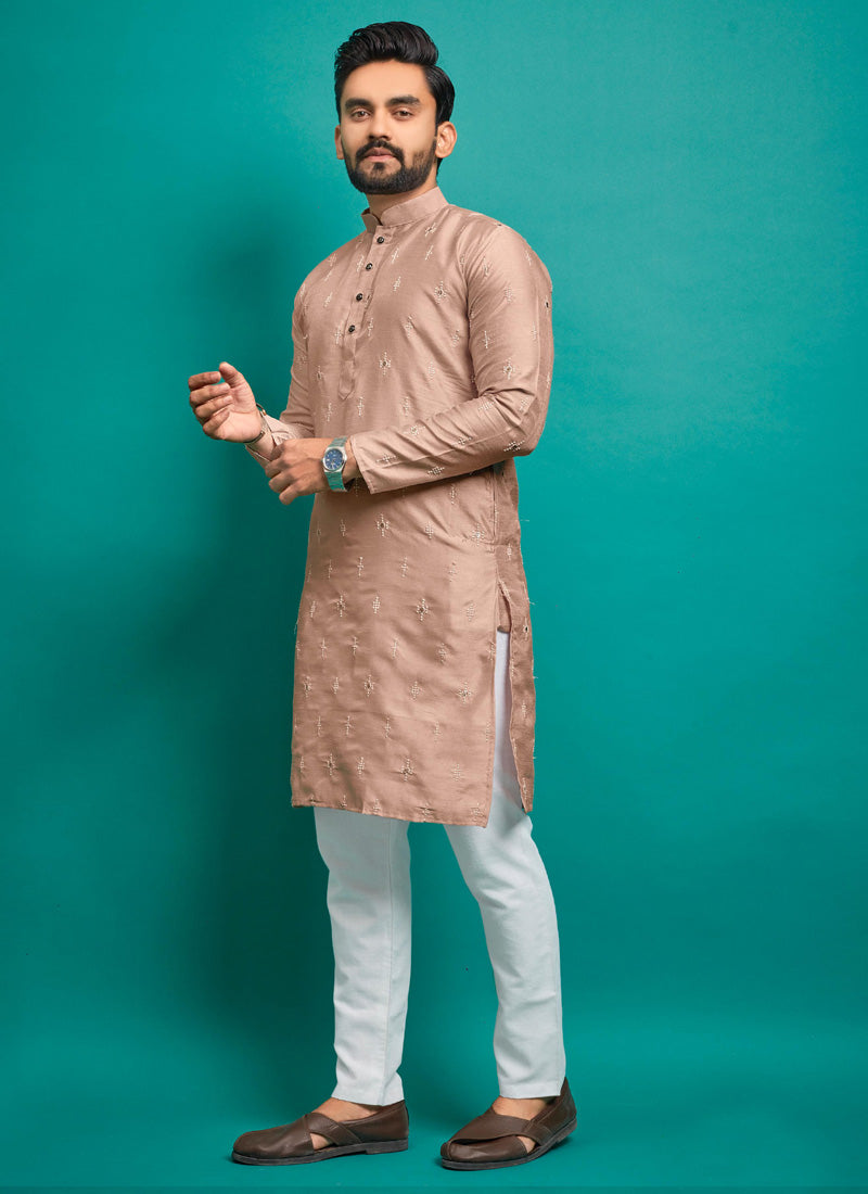Prazu Fashion Light Peach Silk Embroidered Kurta With Pajama - Distacart