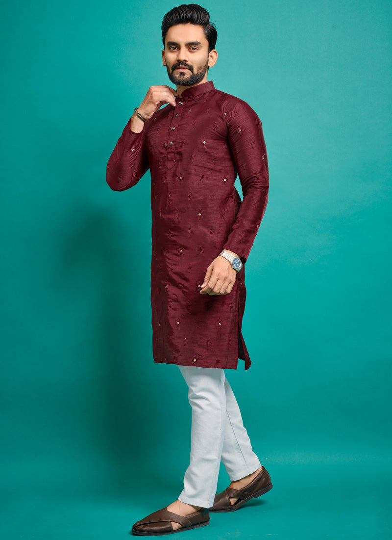 Prazu Fashion Maroon Silk Embroidered Kurta With Pajama - Distacart