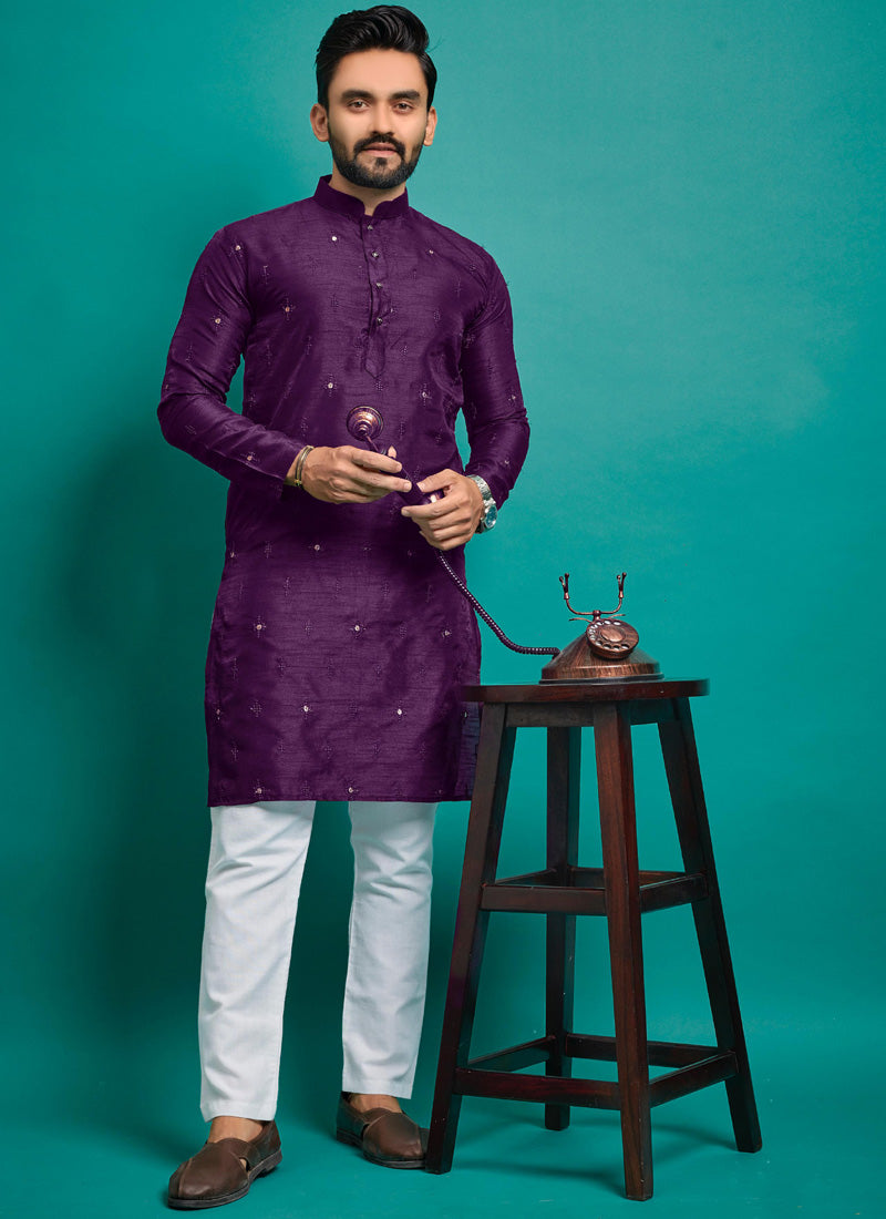 Prazu Fashion Purple Silk Embroidered Kurta With Pajama - Distacart