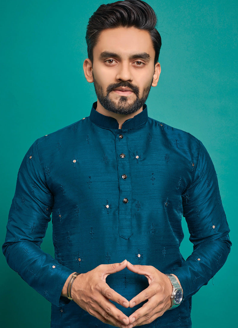 Prazu Fashion Royal Blue Silk Embroidered Kurta With Pajama - Distacart