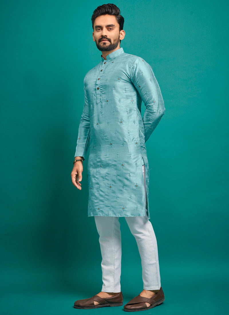 Prazu Fashion Sky Blue Silk Embroidered Kurta With Pajama - Distacart