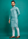 Prazu Fashion Sky Blue Silk Embroidered Kurta With Pajama - Distacart