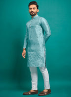 Prazu Fashion Sky Blue Silk Embroidered Kurta With Pajama - Distacart