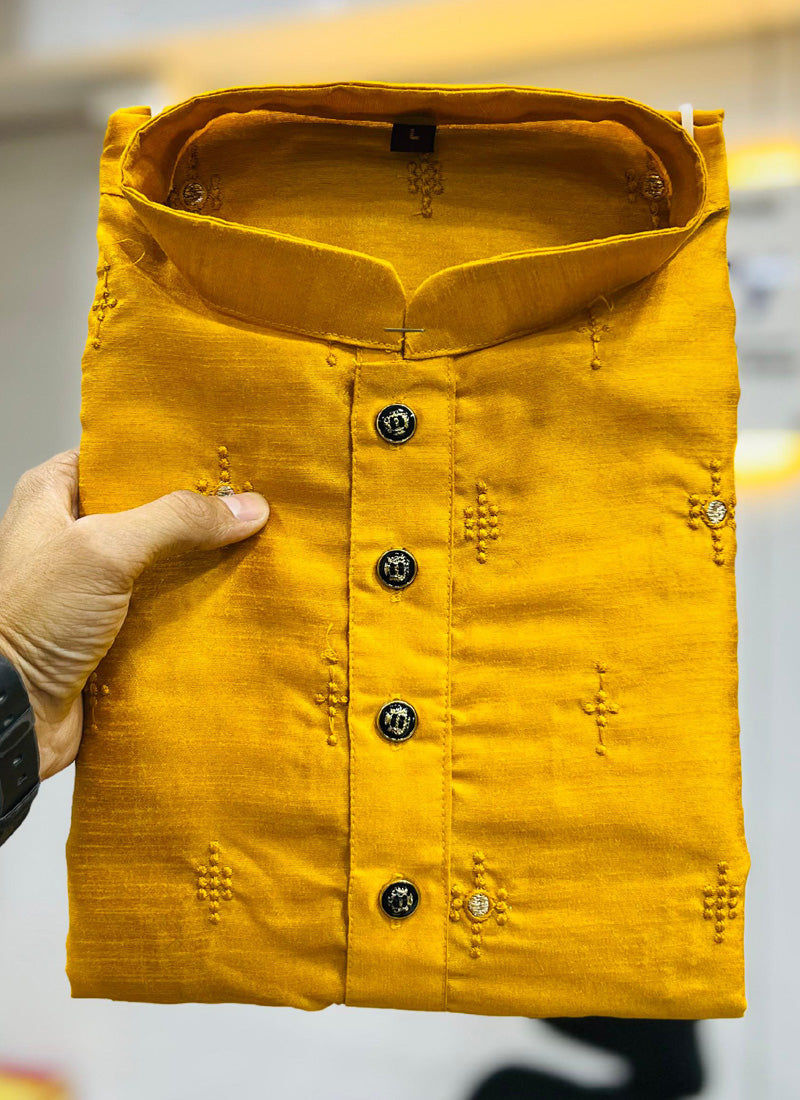 Prazu Fashion Yellow Silk Embroidered Kurta With Pajama - Distacart