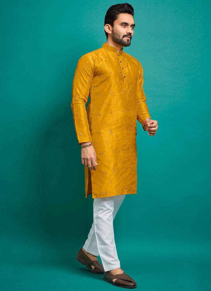 Prazu Fashion Yellow Silk Embroidered Kurta With Pajama - Distacart