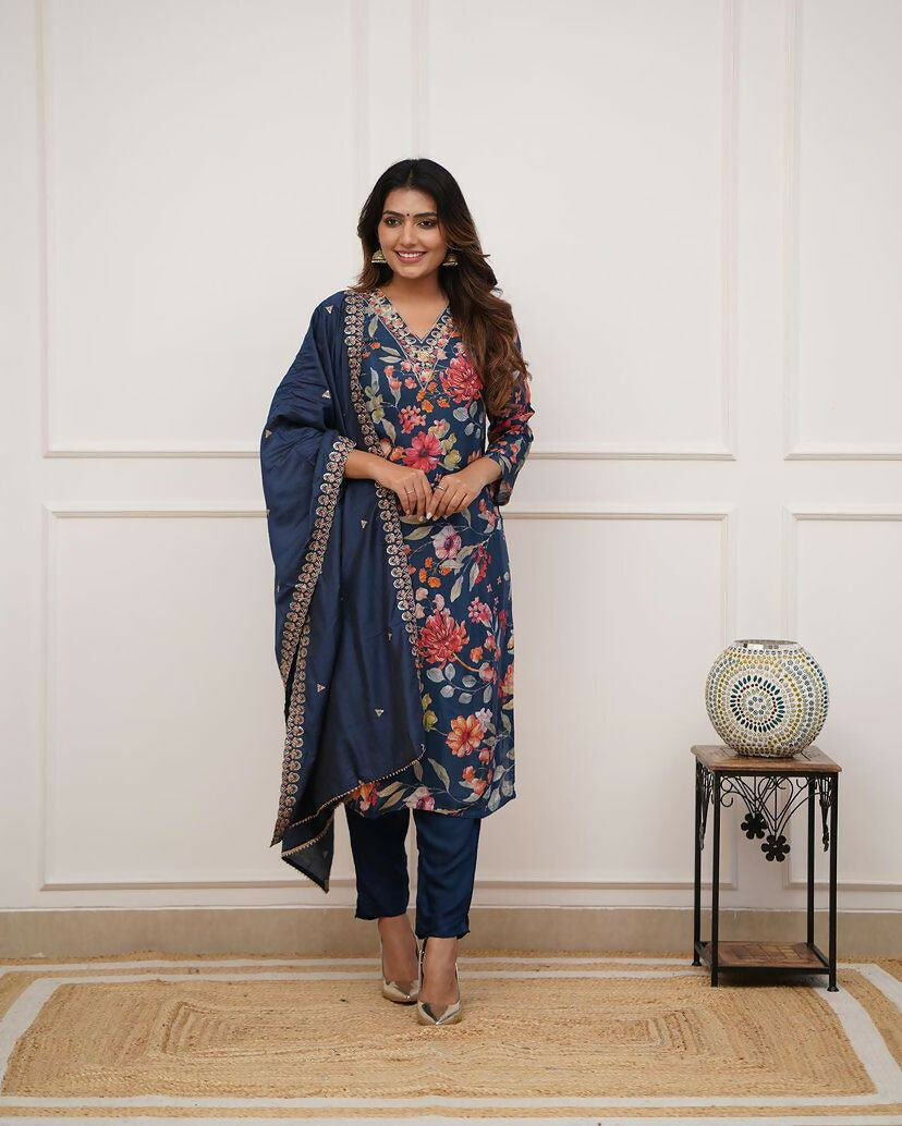 The52 Blue Women's Gorgeous Printed Pure Russian Silk Fabric Straight Kurta Pant with Dupatta Set - Distacart