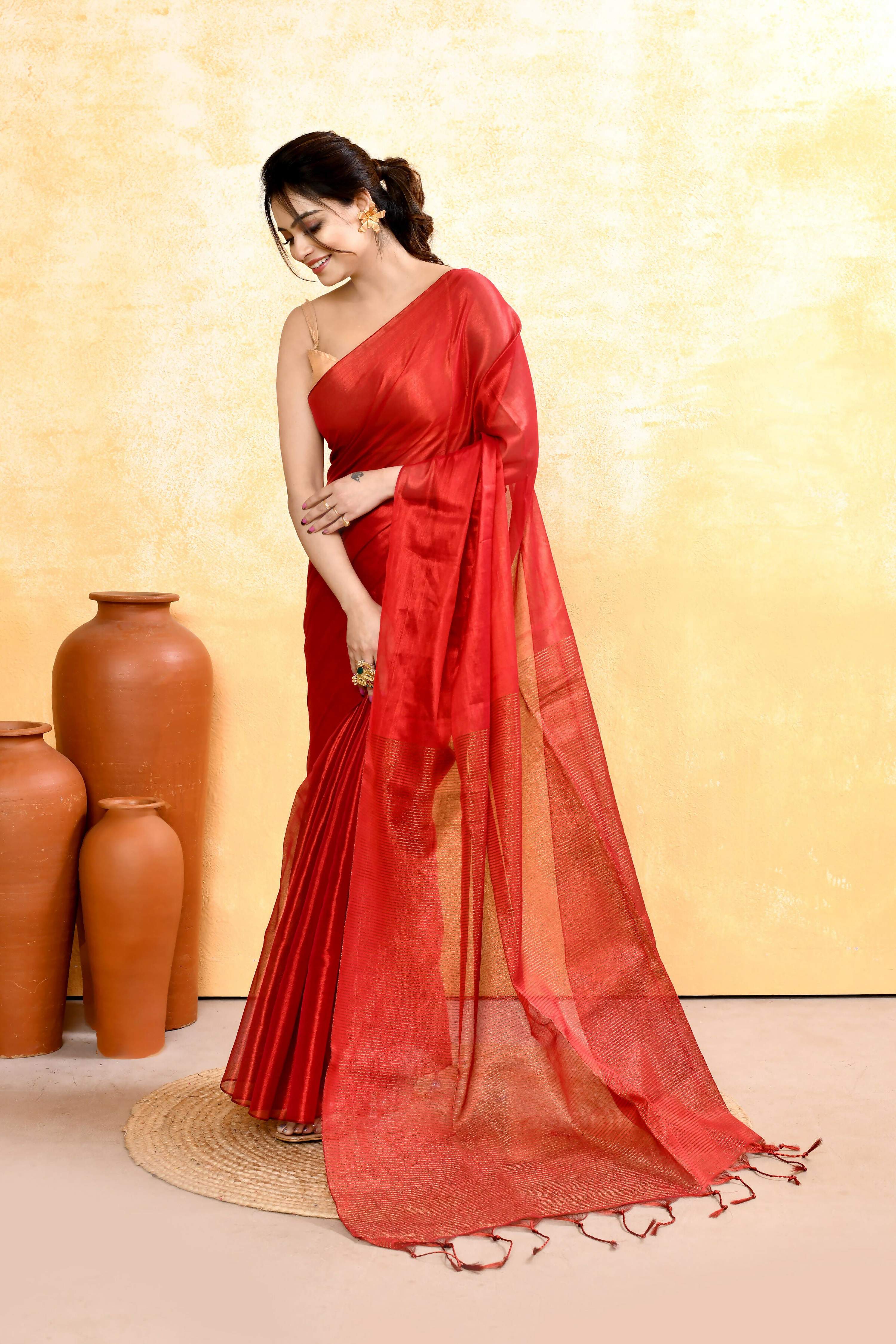 Piyari Fashion Women's Red Dual Tone Organic Tissue Saree With Blouse Piece - Distacart