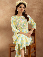Indo Era Women Floral Embroidered Regular Thread Work Pure Cotton Kurta with Trousers - Distacart