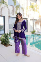 Joban Fashion Purple Kurta Set Velvet Sequins , Zari, Coding & Thread Embroidered work - Distacart