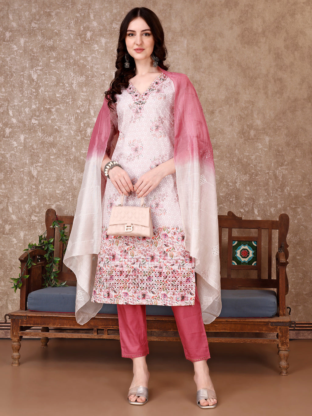 Hand Embroidered & Floral Printed Kurta With Pant & Dupatta Luxury, Multicolor - Hiral Fashion - Distacart