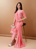 Angrakha Style Floral Printed A-Line Kurta With Pant & Dupatta, Pink - Hiral Fashion - Distacart
