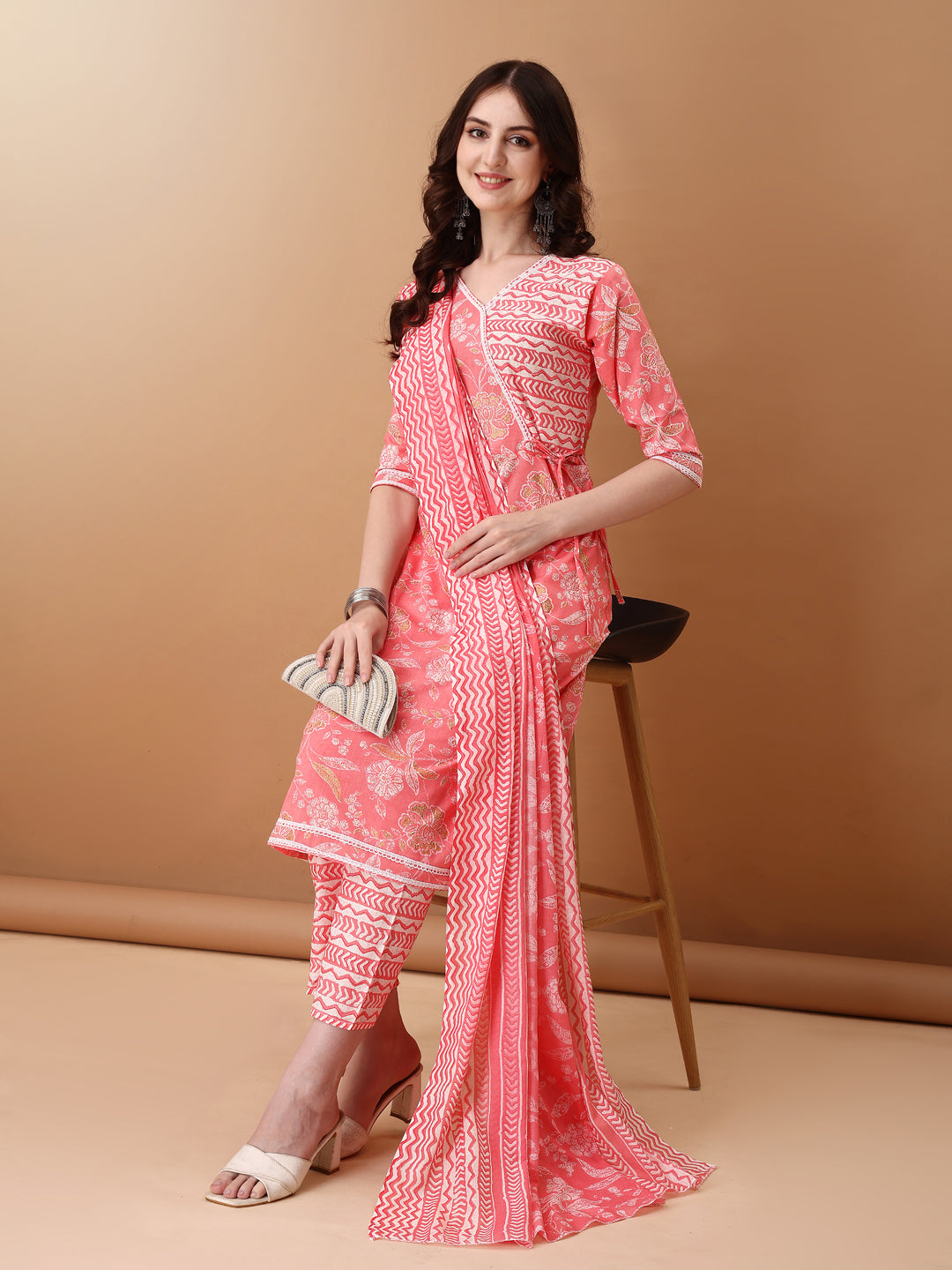 Angrakha Style Floral Printed A-Line Kurta With Pant & Dupatta, Pink - Hiral Fashion - Distacart