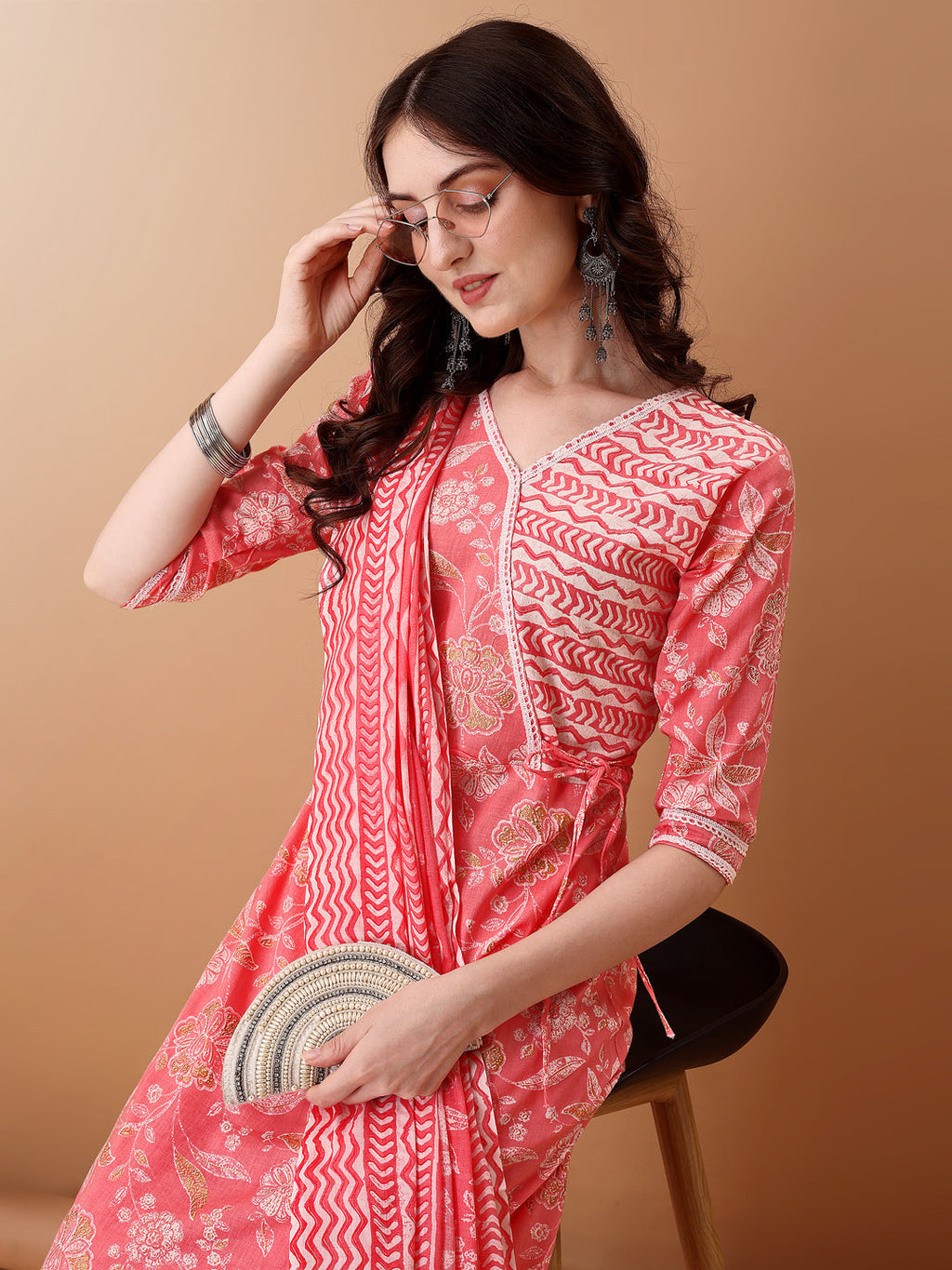 Angrakha Style Floral Printed A-Line Kurta With Pant & Dupatta, Pink - Hiral Fashion - Distacart