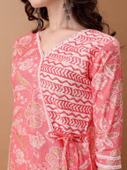 Angrakha Style Floral Printed A-Line Kurta With Pant & Dupatta, Pink - Hiral Fashion - Distacart