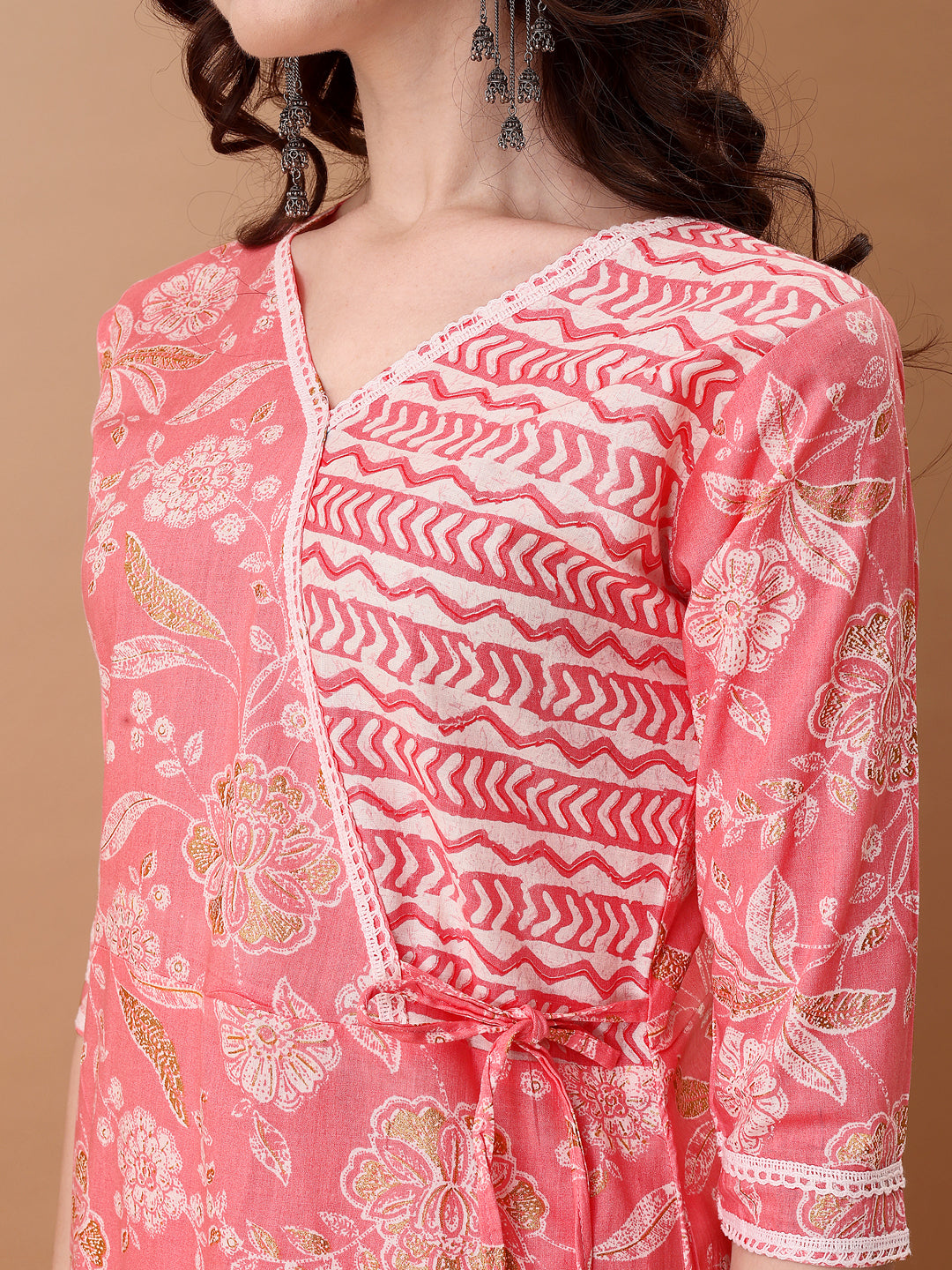 Angrakha Style Floral Printed A-Line Kurta With Pant & Dupatta, Pink - Hiral Fashion - Distacart