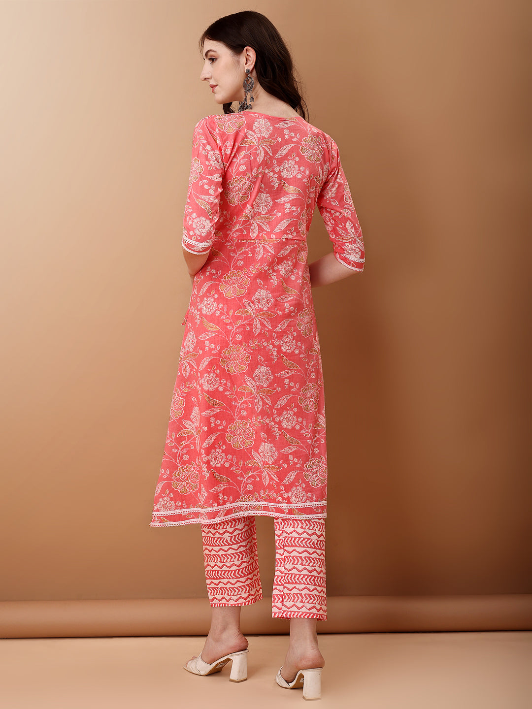 Angrakha Style Floral Printed A-Line Kurta With Pant & Dupatta, Pink - Hiral Fashion - Distacart