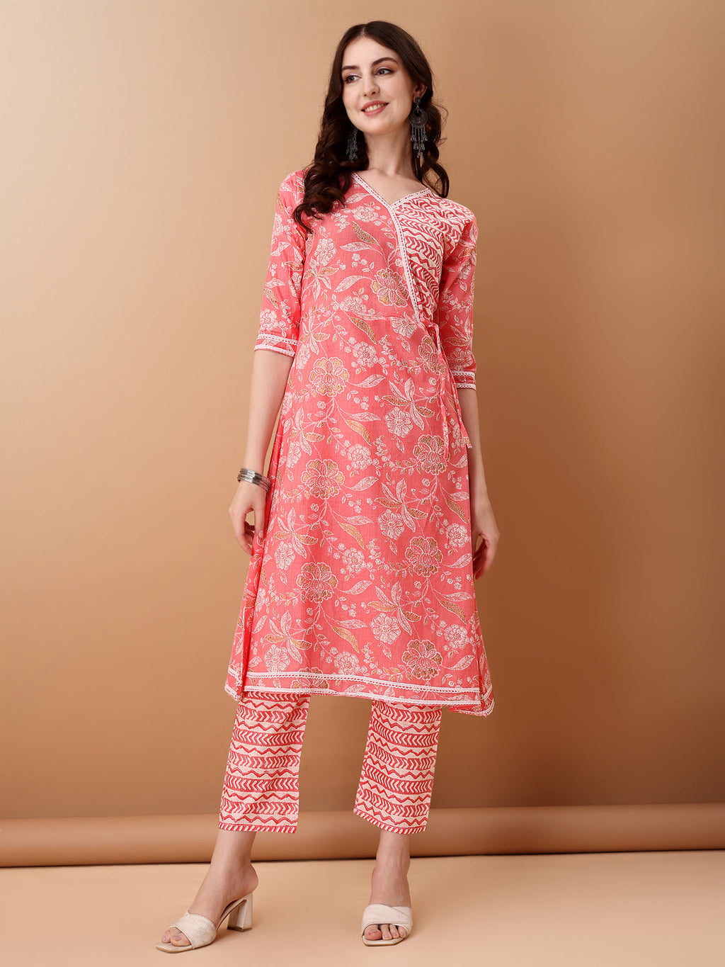 Angrakha Style Floral Printed A-Line Kurta With Pant & Dupatta, Pink - Hiral Fashion - Distacart