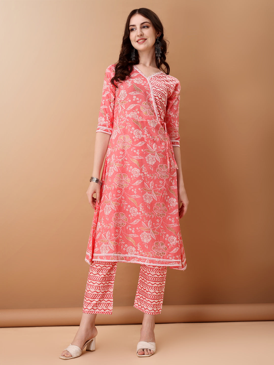 Angrakha Style Floral Printed A-Line Kurta With Pant & Dupatta, Pink - Hiral Fashion - Distacart