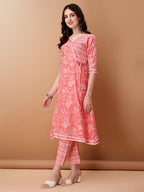 Angrakha Style Floral Printed A-Line Kurta With Pant & Dupatta, Pink - Hiral Fashion - Distacart