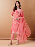 Angrakha Style Floral Printed A-Line Kurta With Pant & Dupatta, Pink - Hiral Fashion - Distacart