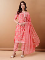 Angrakha Style Floral Printed A-Line Kurta With Pant & Dupatta, Pink - Hiral Fashion - Distacart