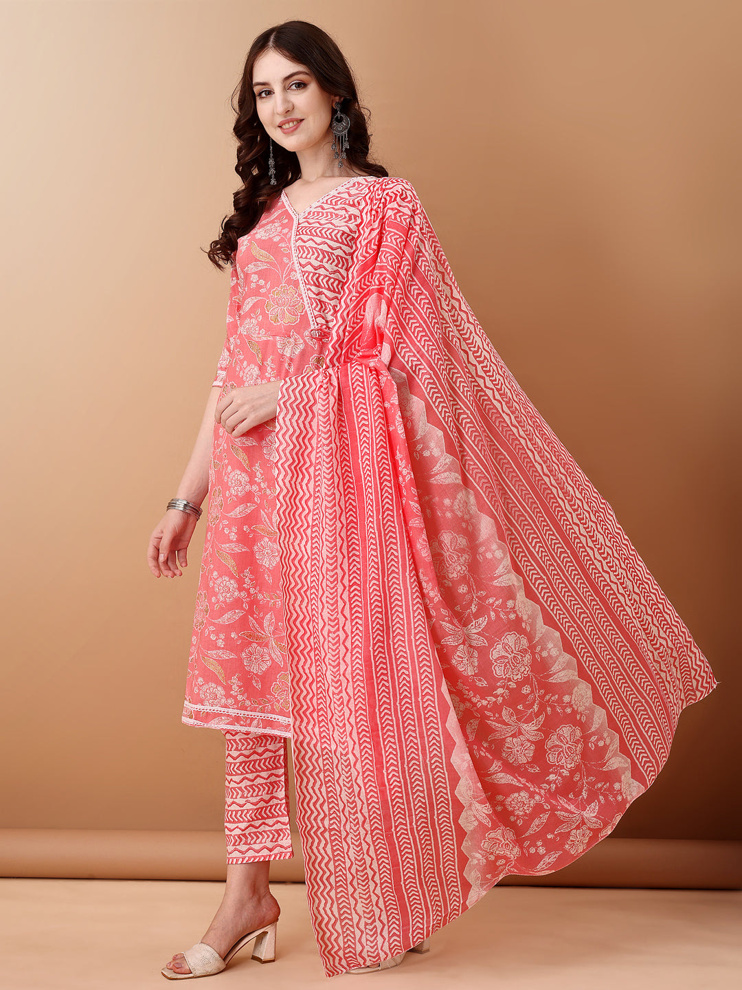 Angrakha Style Floral Printed A-Line Kurta With Pant & Dupatta, Pink - Hiral Fashion - Distacart