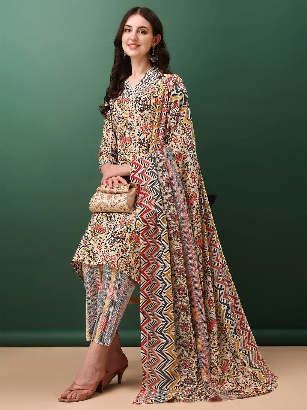Sequined & Mirror Embroidered & Printed Kurta With Pant & Dupatta, Cream - Hiral Fashion - Distacart