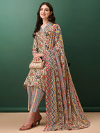 Sequined & Mirror Embroidered & Printed Kurta With Pant & Dupatta, Cream - Hiral Fashion - Distacart