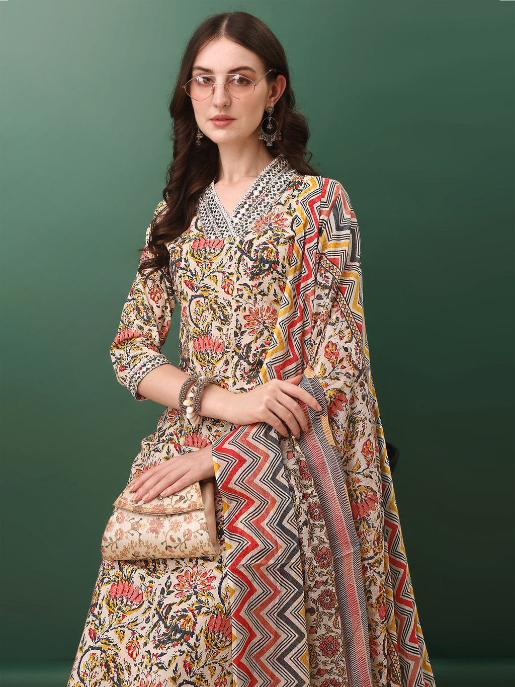 Sequined & Mirror Embroidered & Printed Kurta With Pant & Dupatta, Cream - Hiral Fashion - Distacart