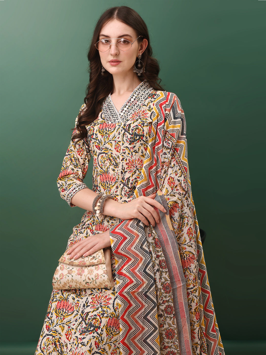 Sequined & Mirror Embroidered & Printed Kurta With Pant & Dupatta, Cream - Hiral Fashion - Distacart
