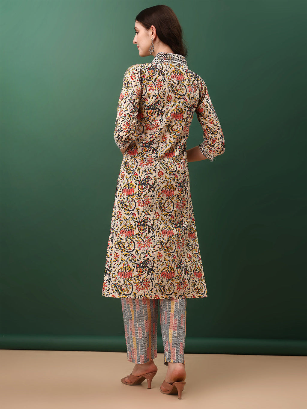 Sequined & Mirror Embroidered & Printed Kurta With Pant & Dupatta, Cream - Hiral Fashion - Distacart