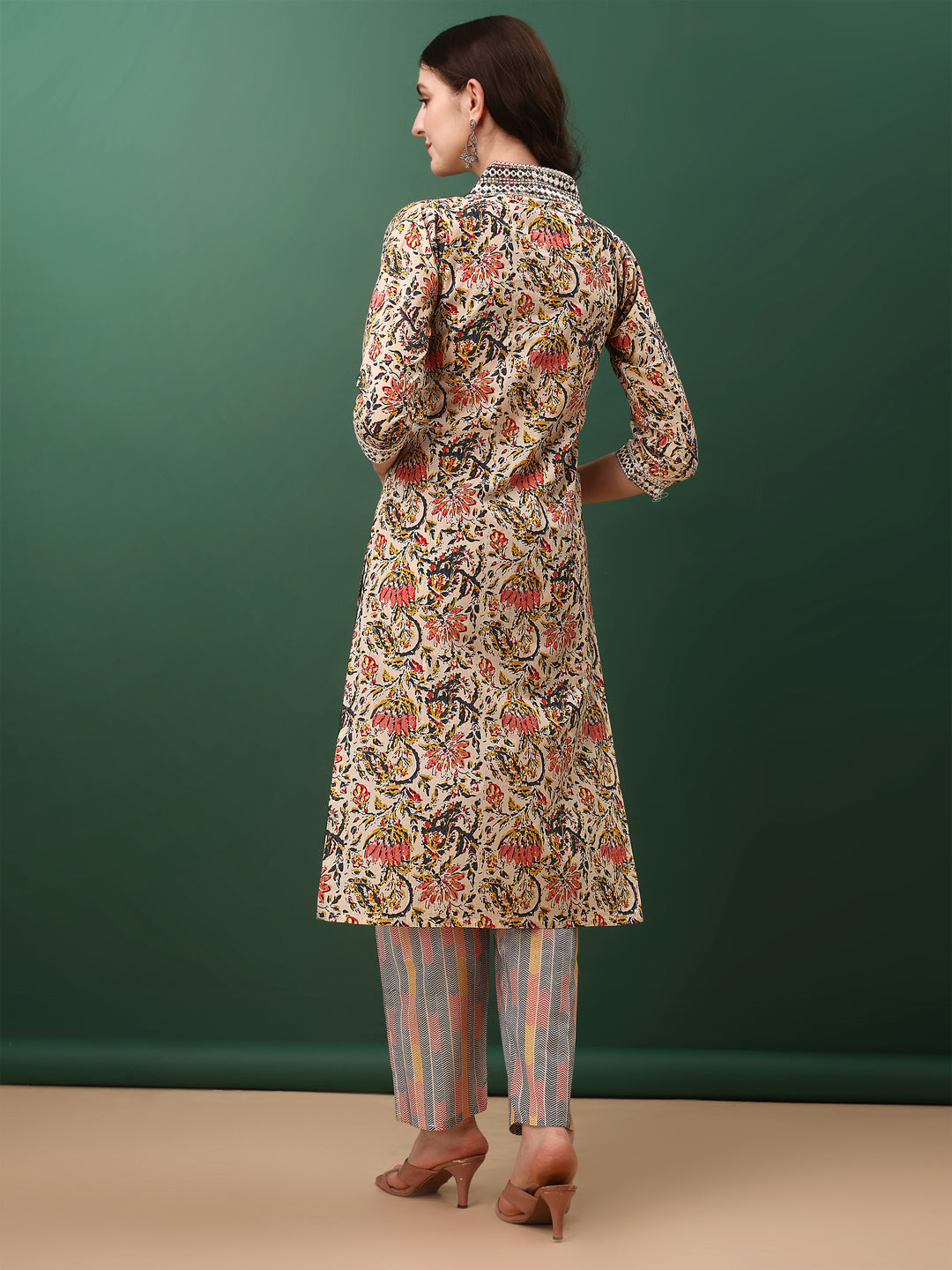 Sequined & Mirror Embroidered & Printed Kurta With Pant & Dupatta, Cream - Hiral Fashion - Distacart