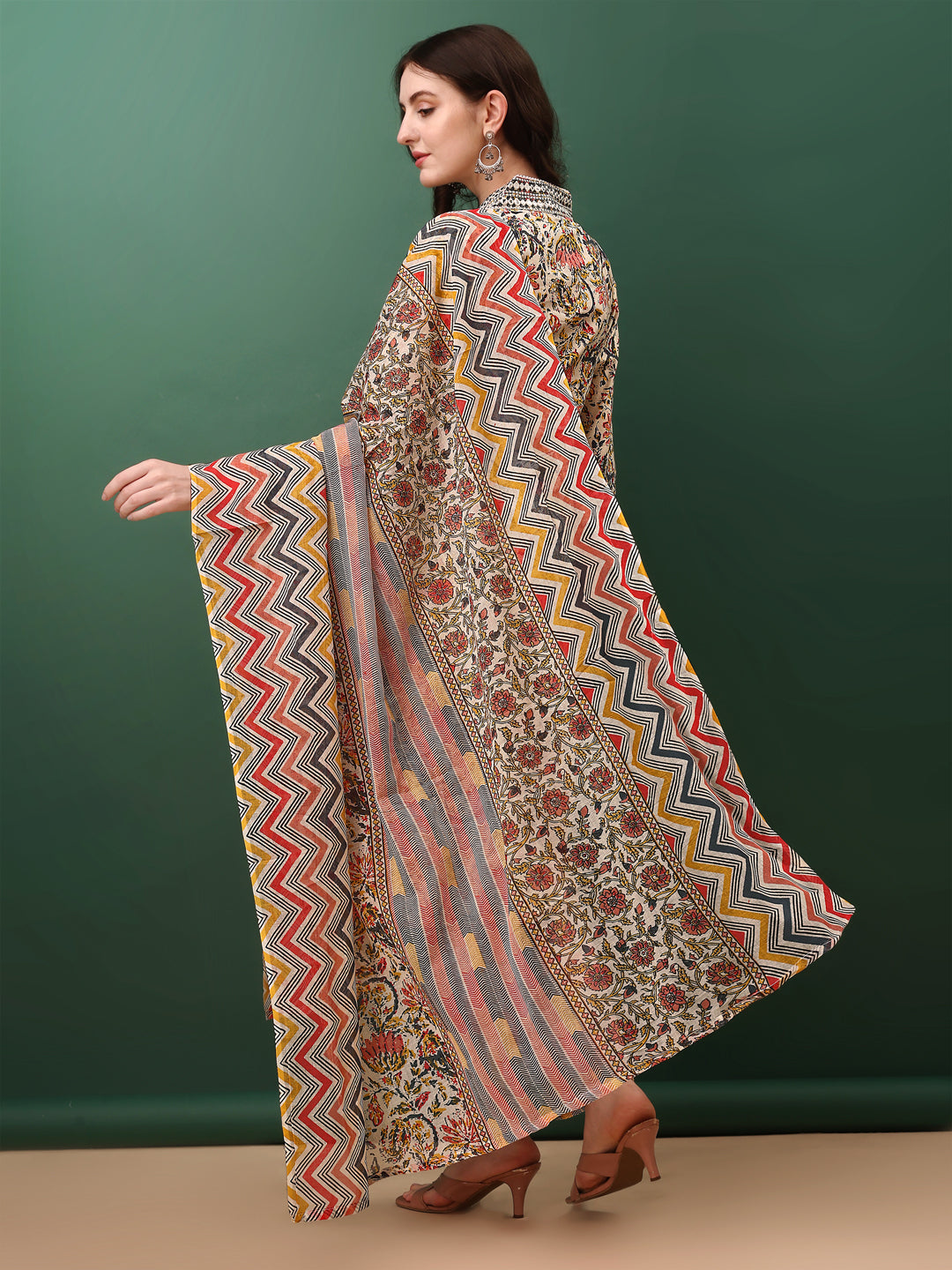 Sequined & Mirror Embroidered & Printed Kurta With Pant & Dupatta, Cream - Hiral Fashion - Distacart